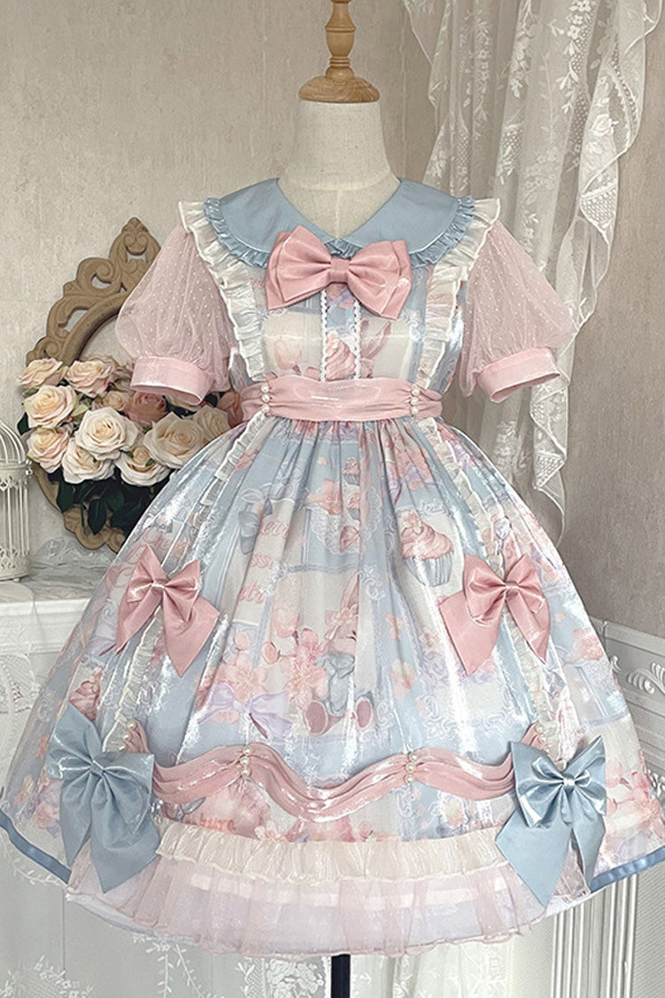Pink/Blue Doll Collar Short Sleeves Rabbit Candy Paper Print High Waisted Sweet Lolita OP Dress