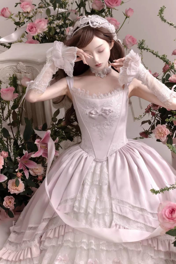 Pink Promise of the Rose Multi-Layered Ruffled Hanayome Open-Front Bow Sweet Gorgeous Lolita Jsk Dress Set