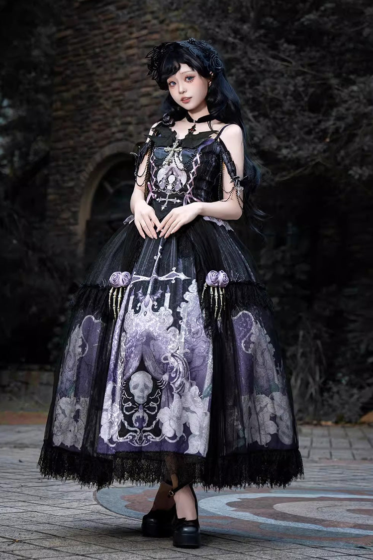 Black/Blue Skull Magic Print Ruffle Bowknot Gothic Elegant Lolita Skirt Two-Piece Set