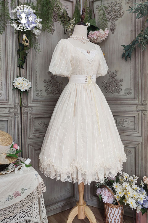 Ivory Elegant Vintage Square Collar Short Sleeves Multi-Layer Ruffled Classic Lolita OP Dress