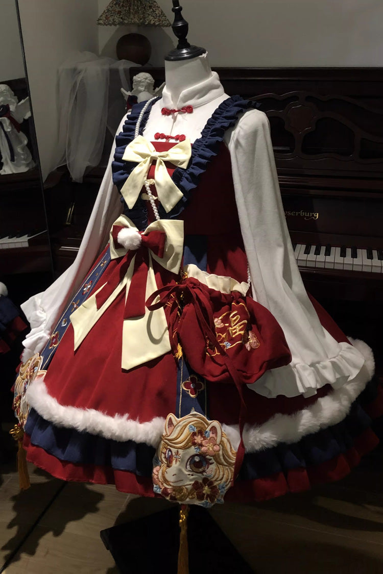 Red/Blue Year of the Horse Ruffled Embroidered Bow Sweet Chinese Style Lolita Jsk Dress Set