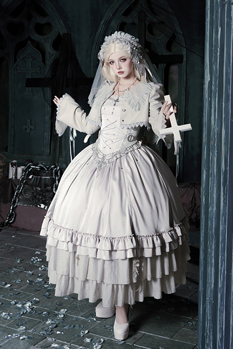 Solid Color Bionic Doll Square Collar Multi-Layered Ruffle Bowknot Lace-Up Gothic Lolita Long Skirt Corset Set