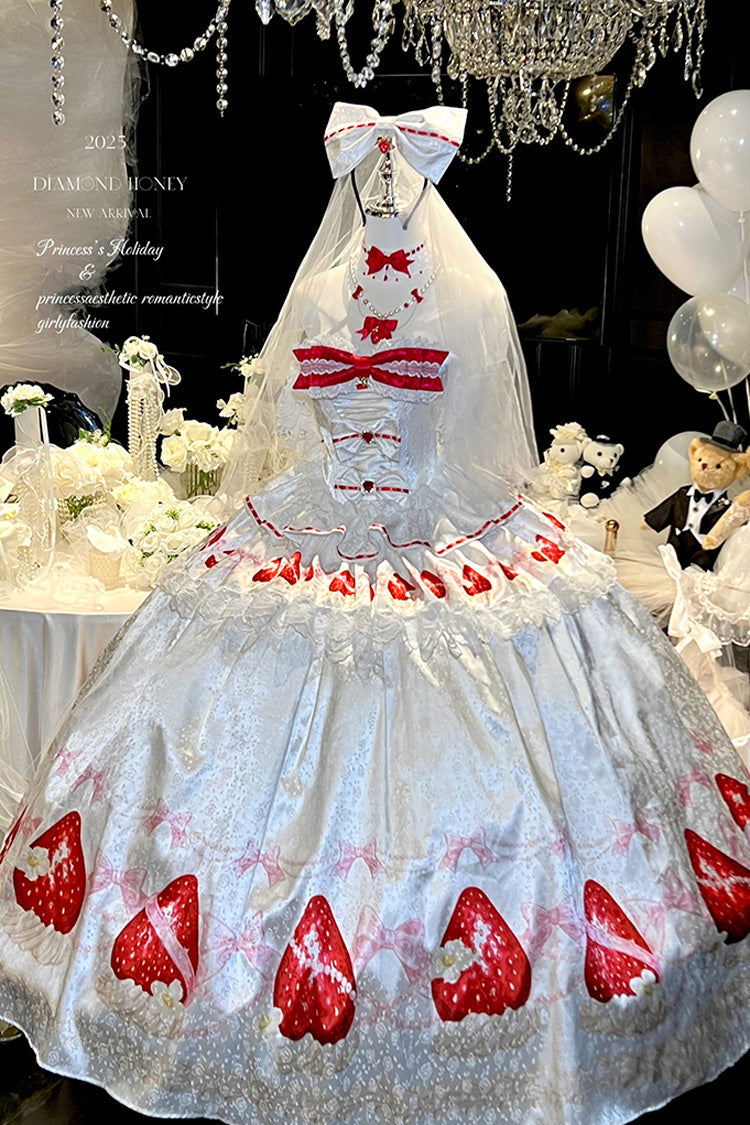 White True Love Strawberry Print Off Shoulder Sleeveless Ruffle Bowknot Lace Sweet Princess Lolita Dress Set