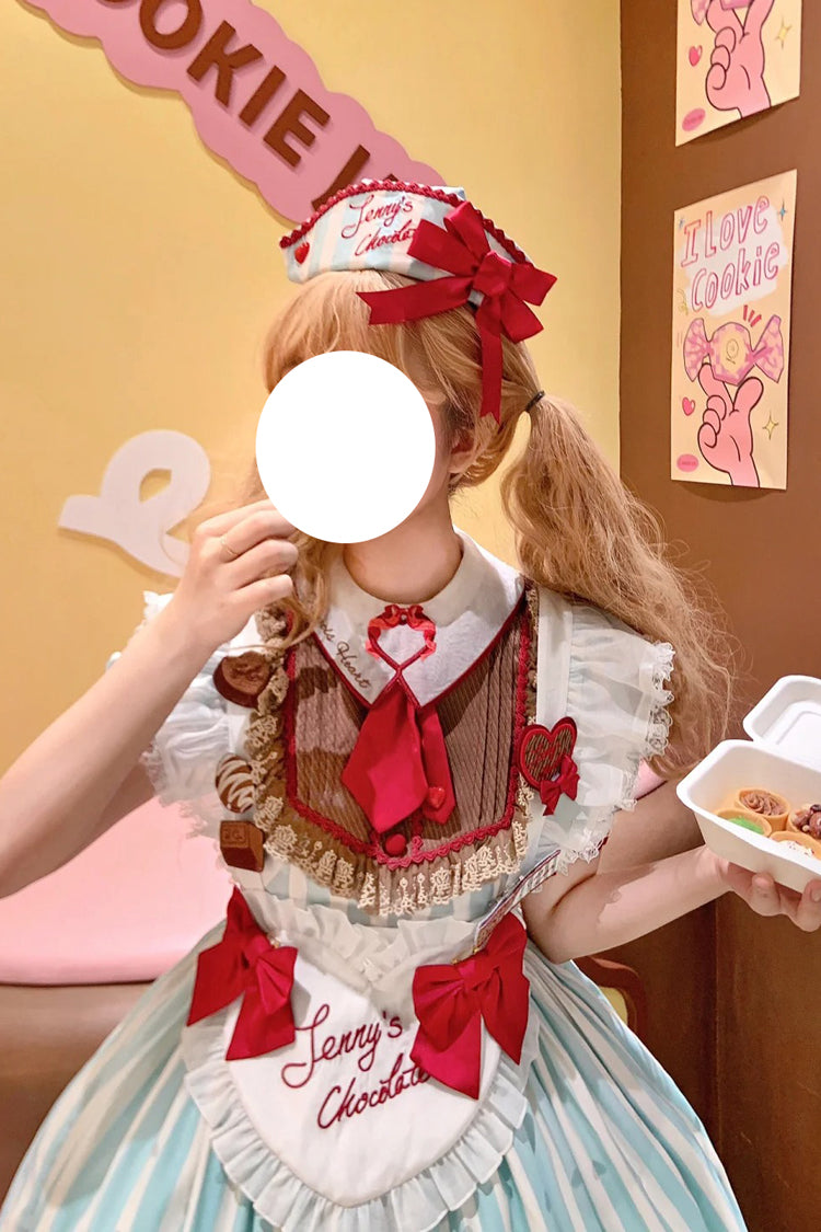 Green Jenny's Chocolate Short Sleeves Vertical Stripes Print Ruffle Bowknot Sweet Lolita Dress