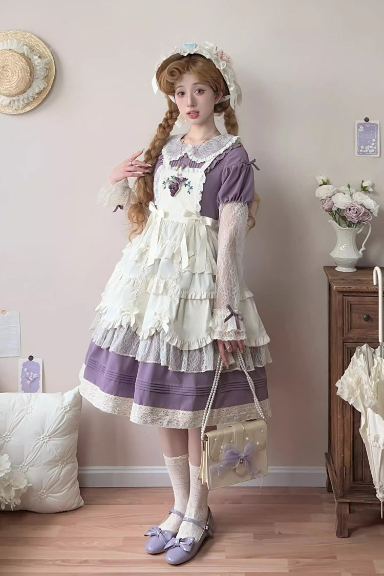 Purple Mist over Flowers Along the Path Lapel Collar Long Sleeves Embroidery Bowknot Lace Sweet Lolita Dress