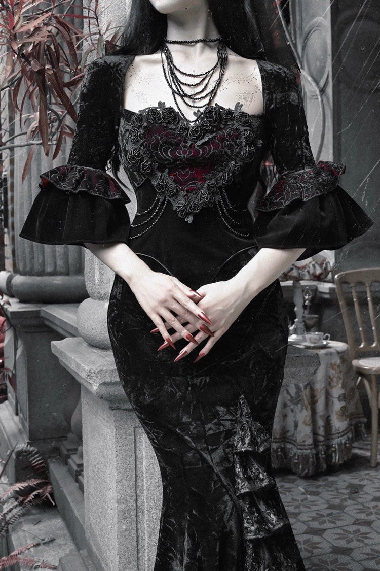 Black Castle of Dark Romance Square Collar Short Sleeves Multi-Layered Ruffled Embroidered Open-Front Lace Gothic Lolita Mermaid Dress