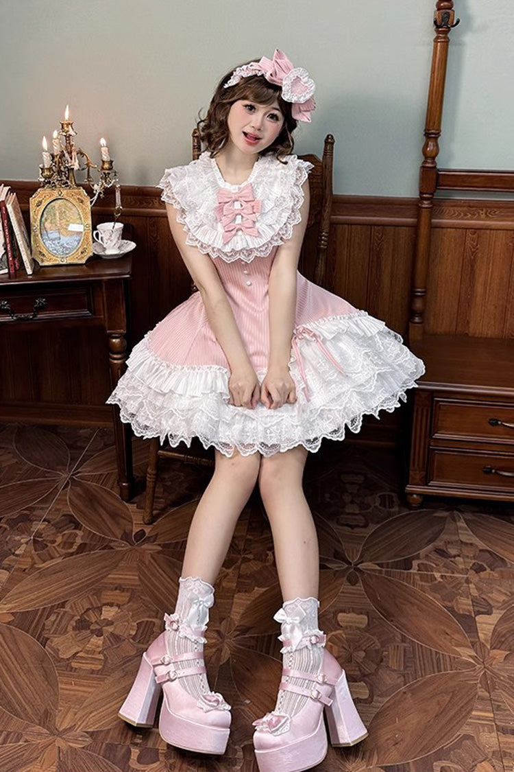 Pink Miss Tsundere Sleeveless Multi-Layered Ruffle Bowknot Lace Asymmetric Sweet Princess Lolita Dress