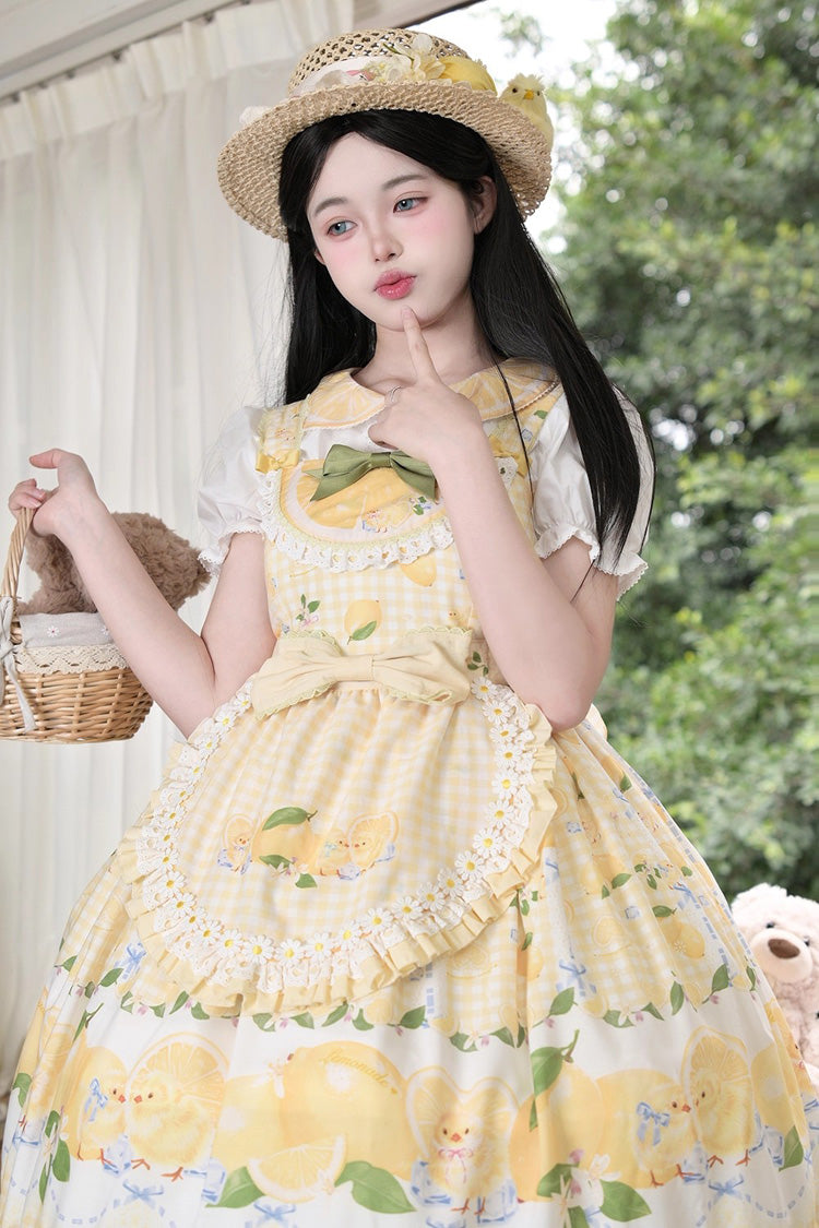 Yellow Lemon Chicken Print Ruffle Bowknot Lace Sweet Lolita Jsk Dress
