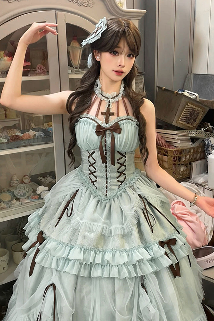 Mint Green Cross Halterneck Ruffle Bowknot Lace Lace-Up Princess Sweet Lolita Dress