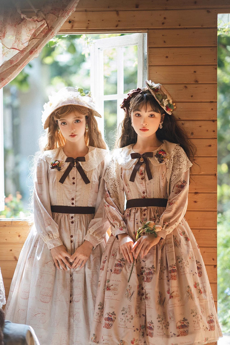 Forest Illustrated Book Long Lantern Sleeves Print Ruffle Sweet Lolita OP Dress 3 Colors