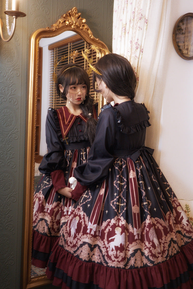 Angel's Redemption Long Sleeves Angel Print Ruffle Bowknot Sweet Lolita Dress 3 Colors