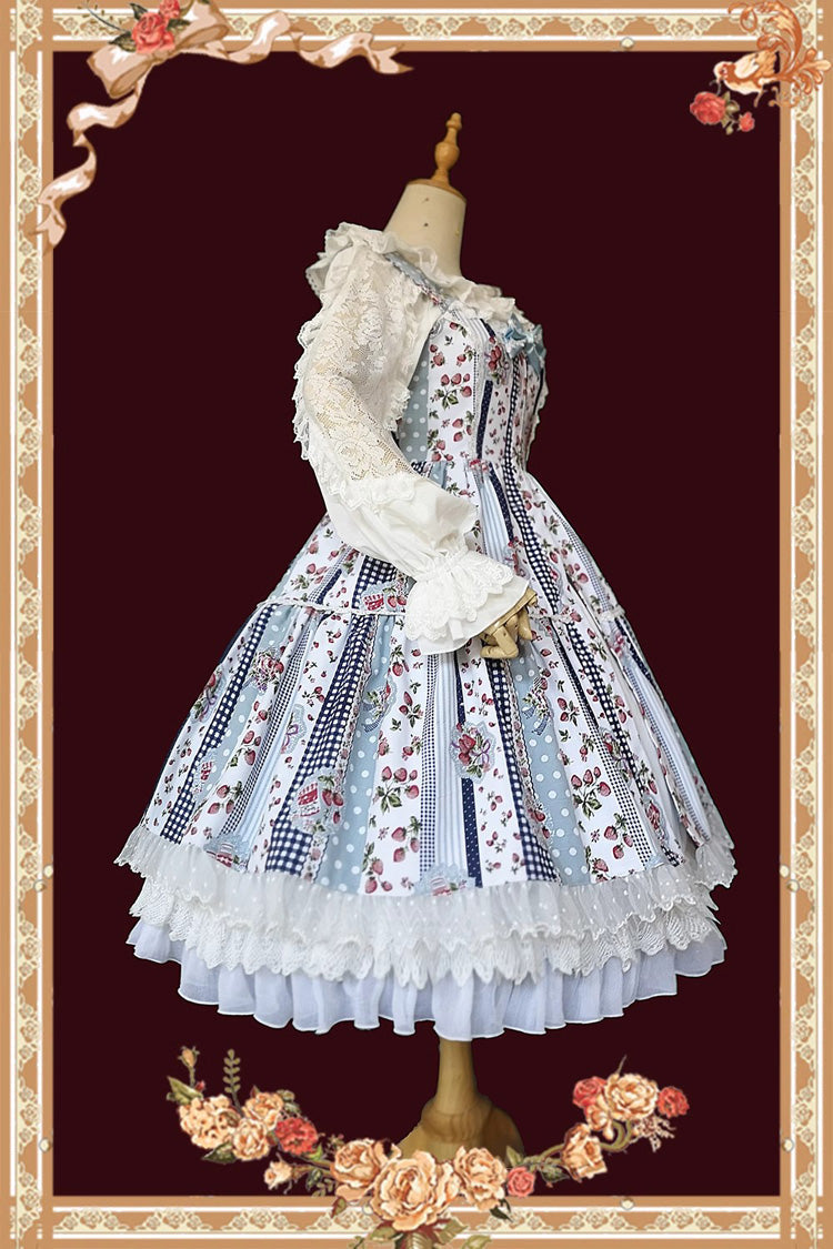 Light Blue Strawberry Plaid Print Bowknot Sleeveless Ruffle Sweet Lolita Dress