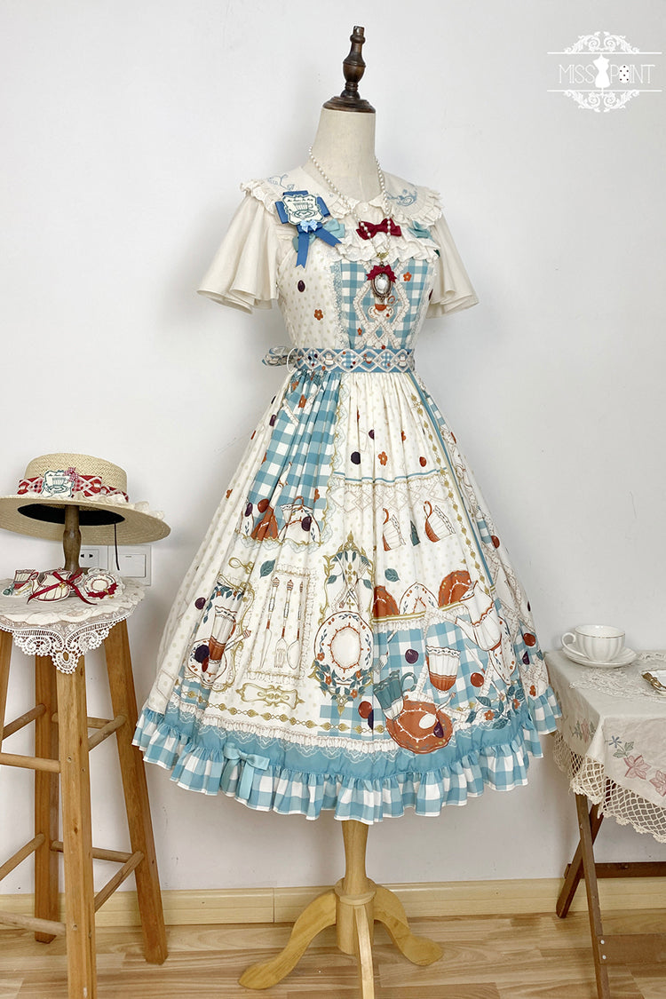 Blue/Green Tea Party Print Ruffle Bowknot Lace Sweet Elegant Lolita Jsk Dress