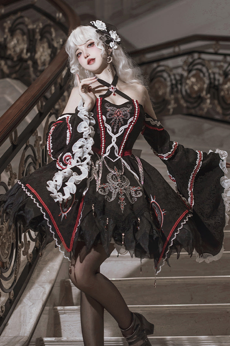 Black Phantom Devourer Off Shoulder Long Hime Sleeves Print Embroidery Gothic Lolita Dress