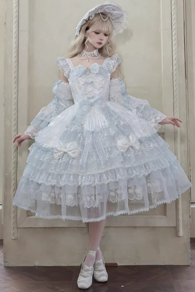 Blue Prelude of Spring Sleeveless Multi-Layered Ruffled Bow Lace Sweet Princess Lolita Jsk Dress