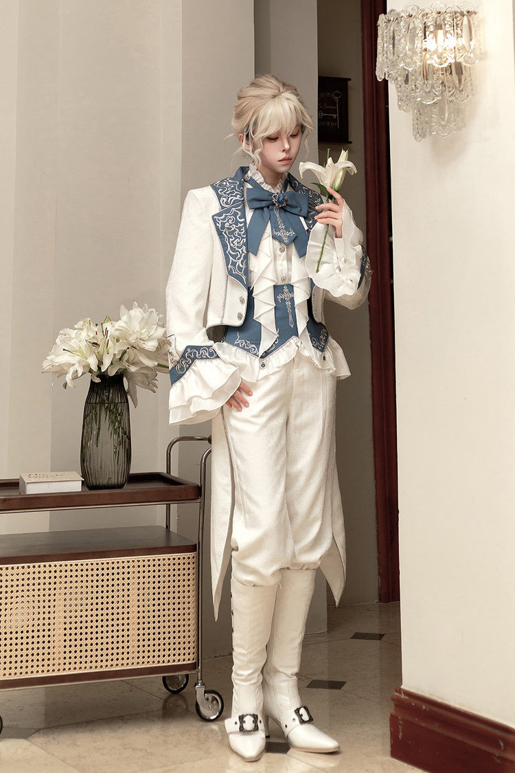 White Moonlit Paladin Prince Ruffle Embroidery Bowknot Classic Prince Handsome Ouji Lolita Set