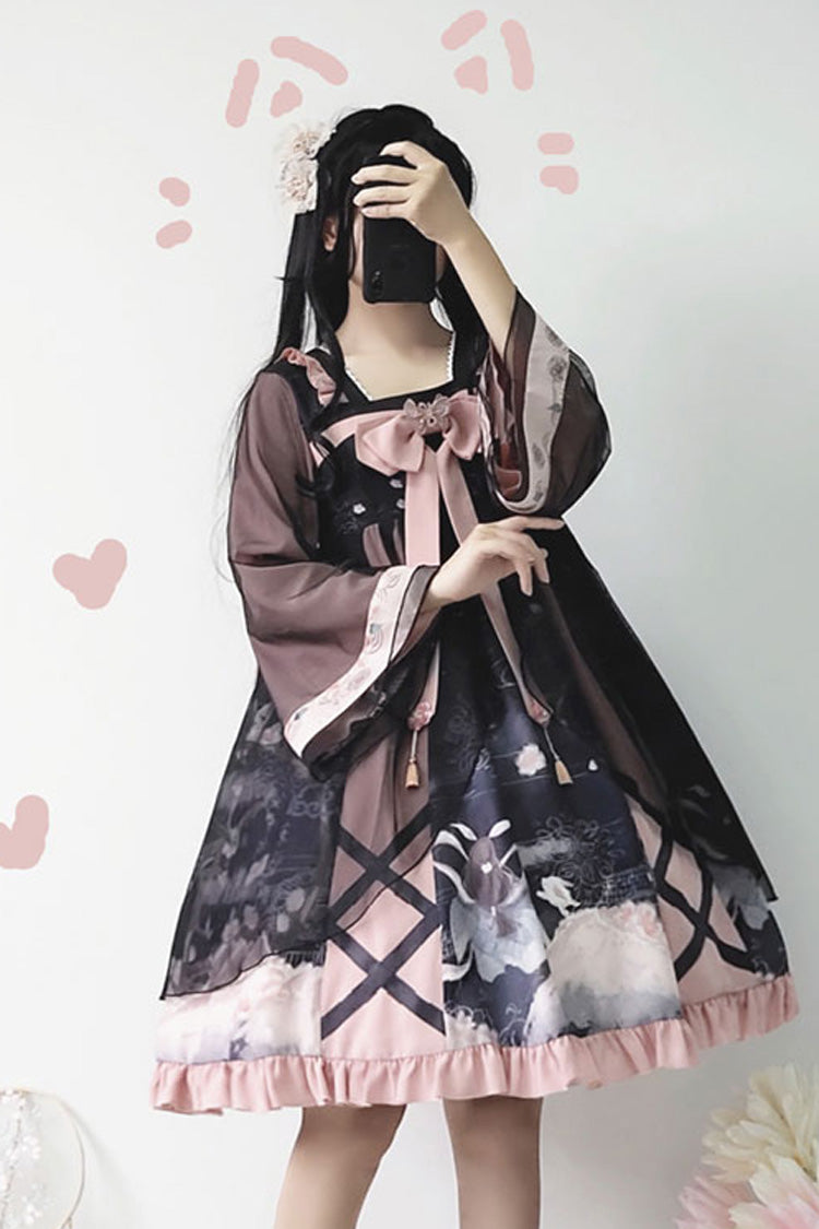 Black/Pink Chinese Style Long Sleeves Chest Bow Chiffon Sweet Lolita OP Dress