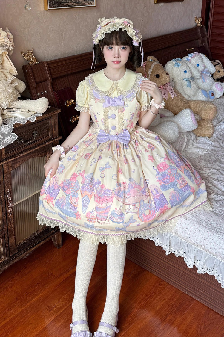 Cream Soda Mermaid Print Light Yellow Bowknot Lace Sweet Lolita Jsk Dress