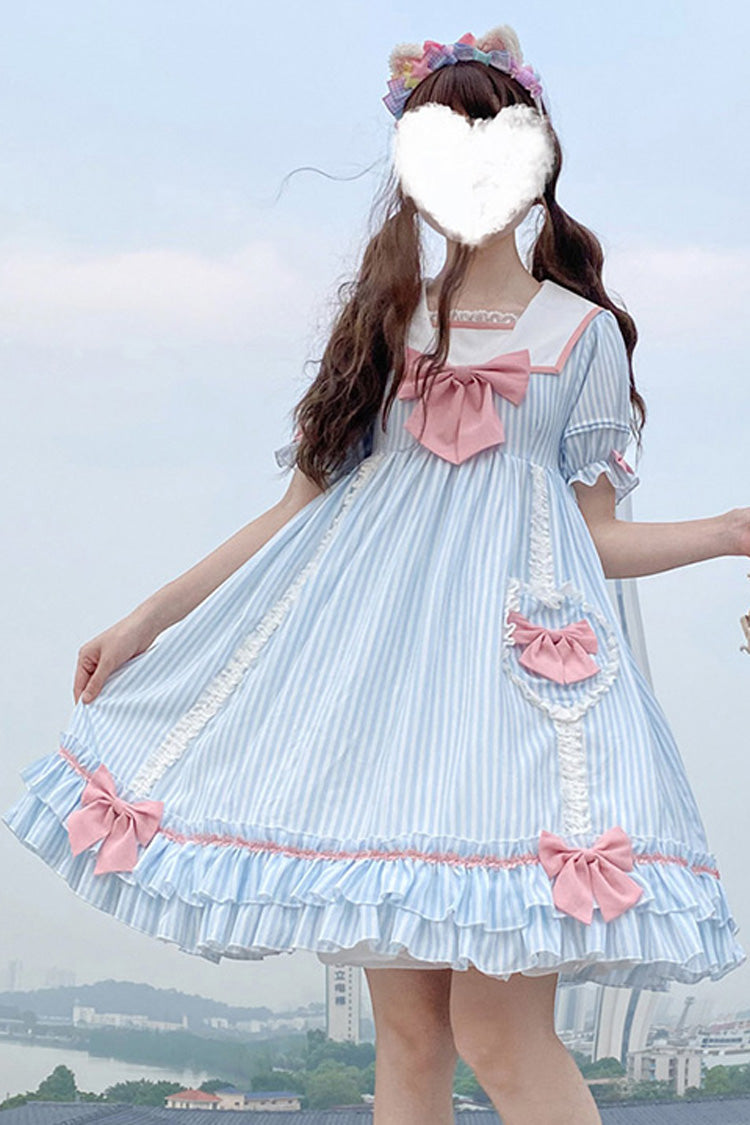 Navy Doll Collar Headbow Short Sleeve Striped Sweet Lolita Dress