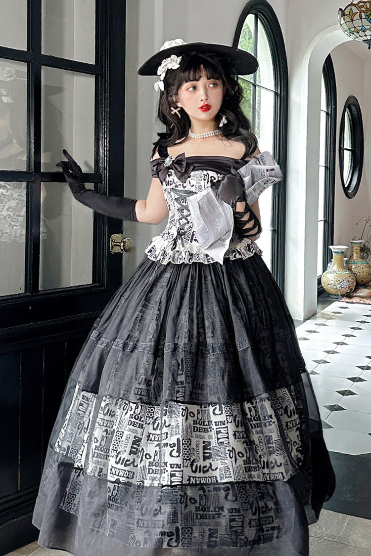 Black Pin-Up Girl Boat Neck Printed Ruffled Bow Lace-Up Asymmetric Gothic Elegant Lolita Skirt Set