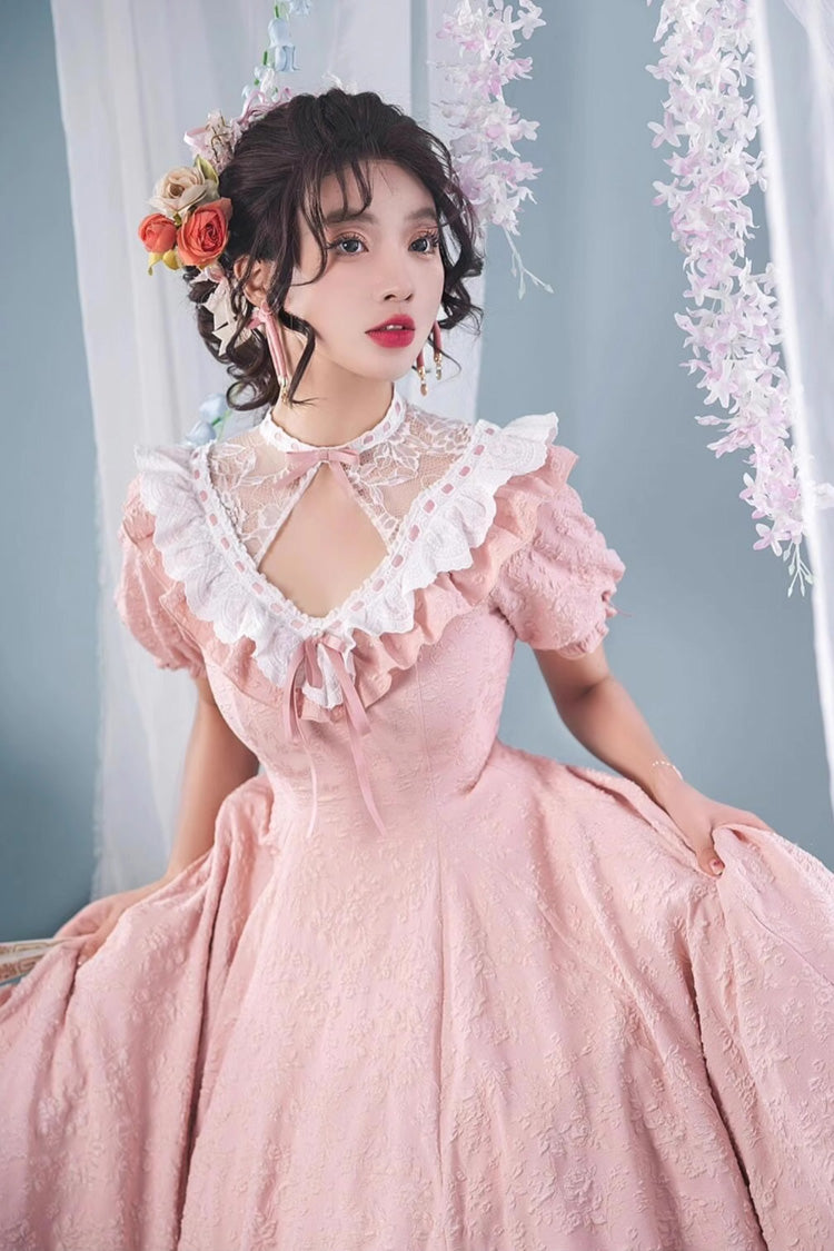 Pink Short Sleeves Ruffle Bowknot Sweet Princess Lolita Dress