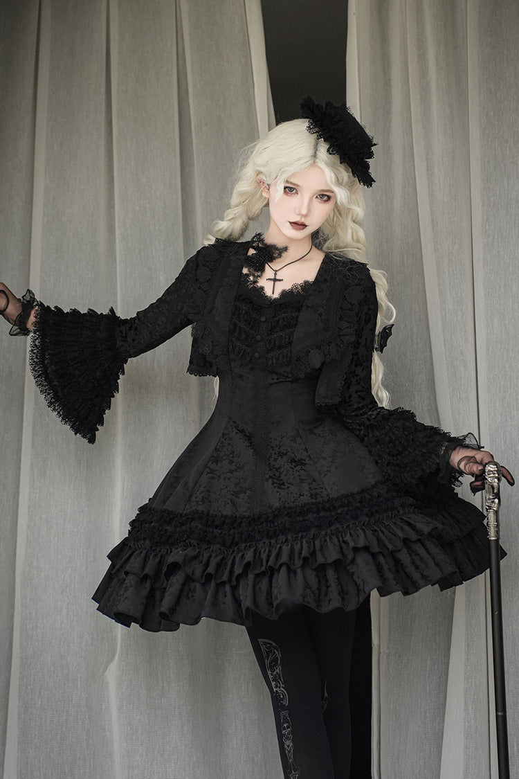 Escape Double-Layered Jacquard Striped Printed Ruffled Slim Gothic Lolita Jumper Dress 3 Colors