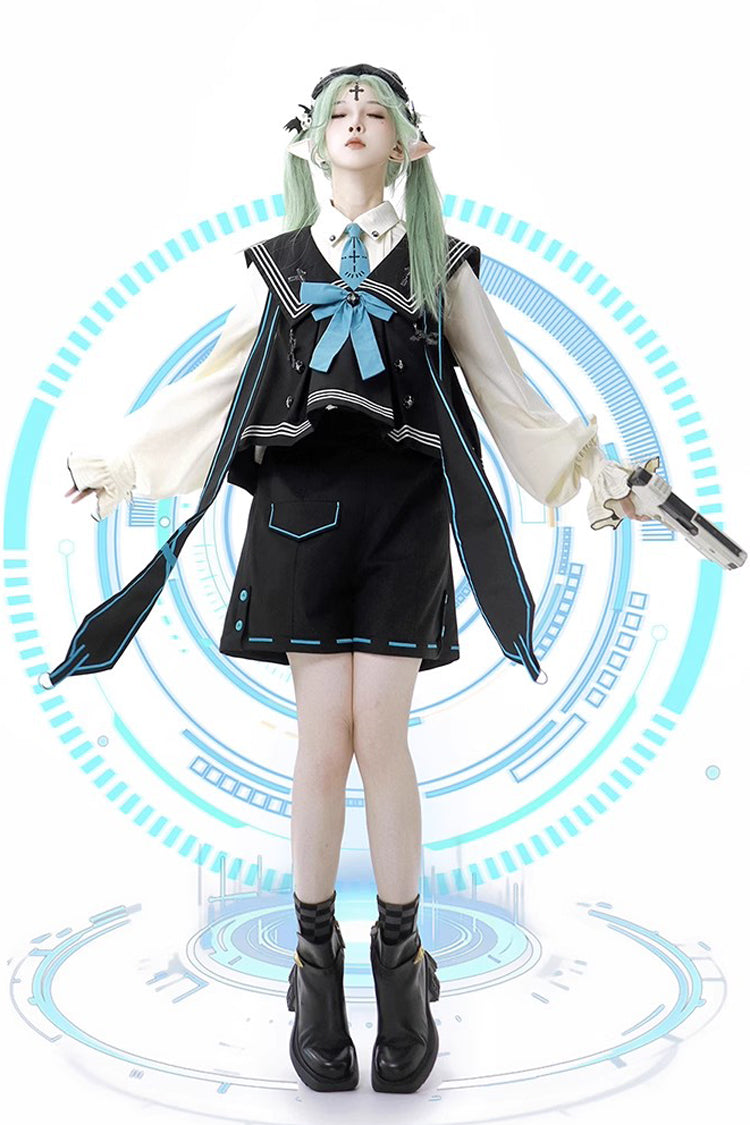 Dark Blue Magician Long Sleeves Ouji Prince Mechanical Style Lolita Shorts Vest Set