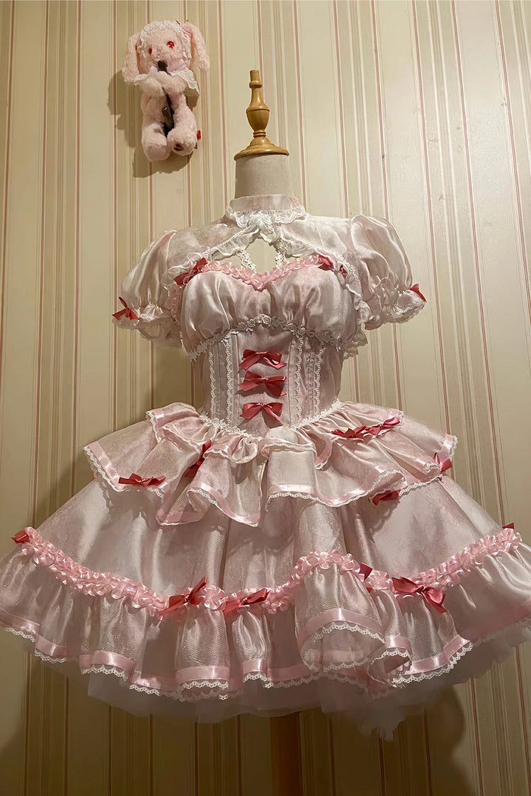 White/Pink Multi-layer Ruffle Ballet Bowknot Sweet Lolita Jsk Dress