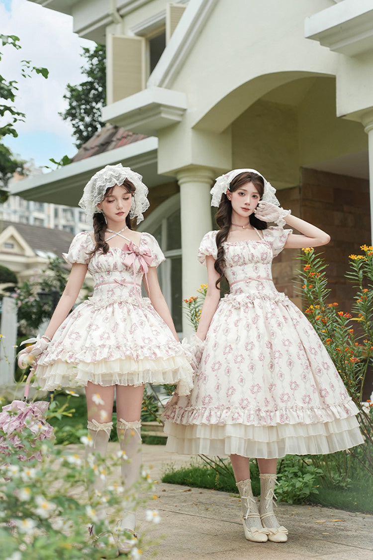 Ivory Rose After The Rain Short Sleeves Triple-Layered Print Ruffle Bowknot Lace-Up Sweet Lolita Short Dress