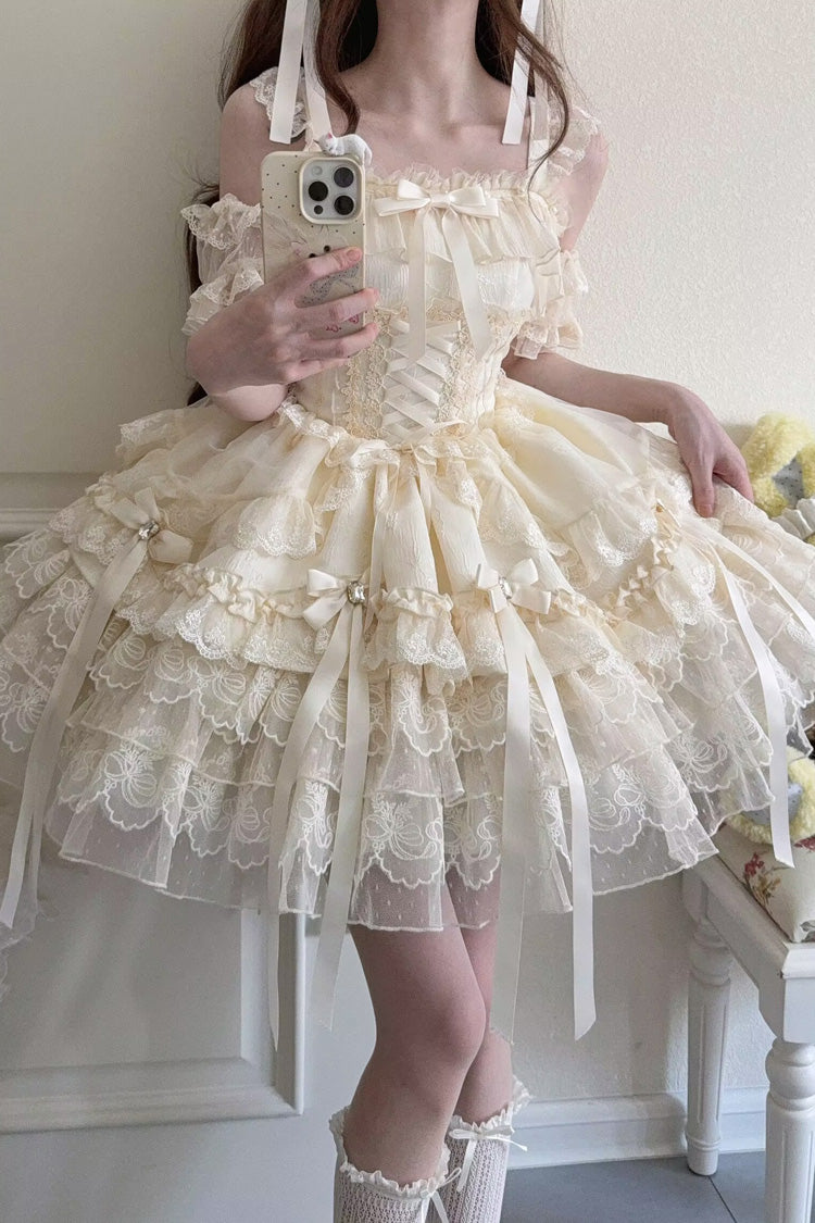 Apricot Ribbon Heart Love Sleeveless Multi-Layered Ruffle Bowknot Lace Lace-Up Sweet Princess Ballet Lolita Jsk Dress