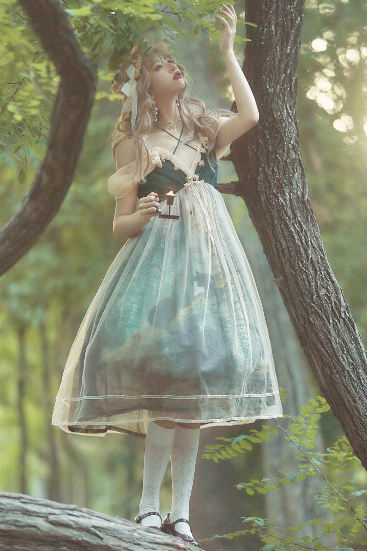 Green V Collar Morning In Pine Forest Print Sweet Lolita Jsk Dress