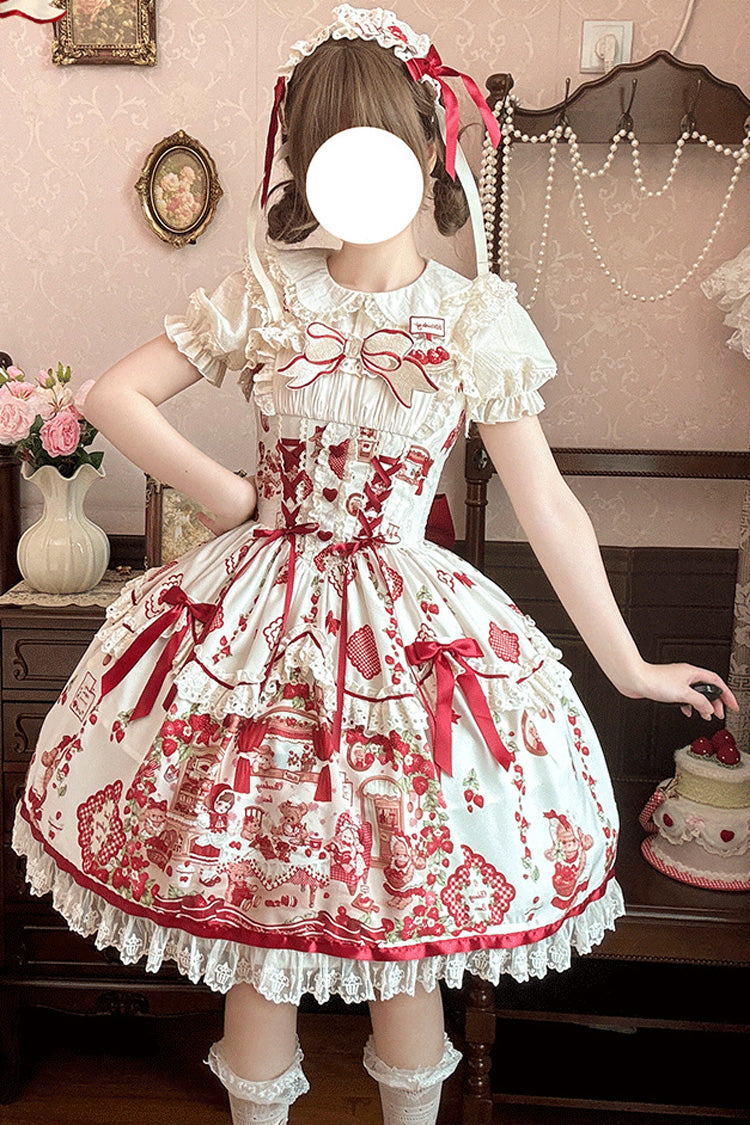 Ivory/Red Strawberry Bear Sleeveless Print Ruffle Embroidery Bowknot Lace Sweet Lolita Jsk Dress
