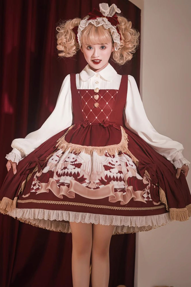Red Doll Collar Bunny Reading Club Print Ruffle Lace Fake Two Pieces Sweet Princess Lolita Dress