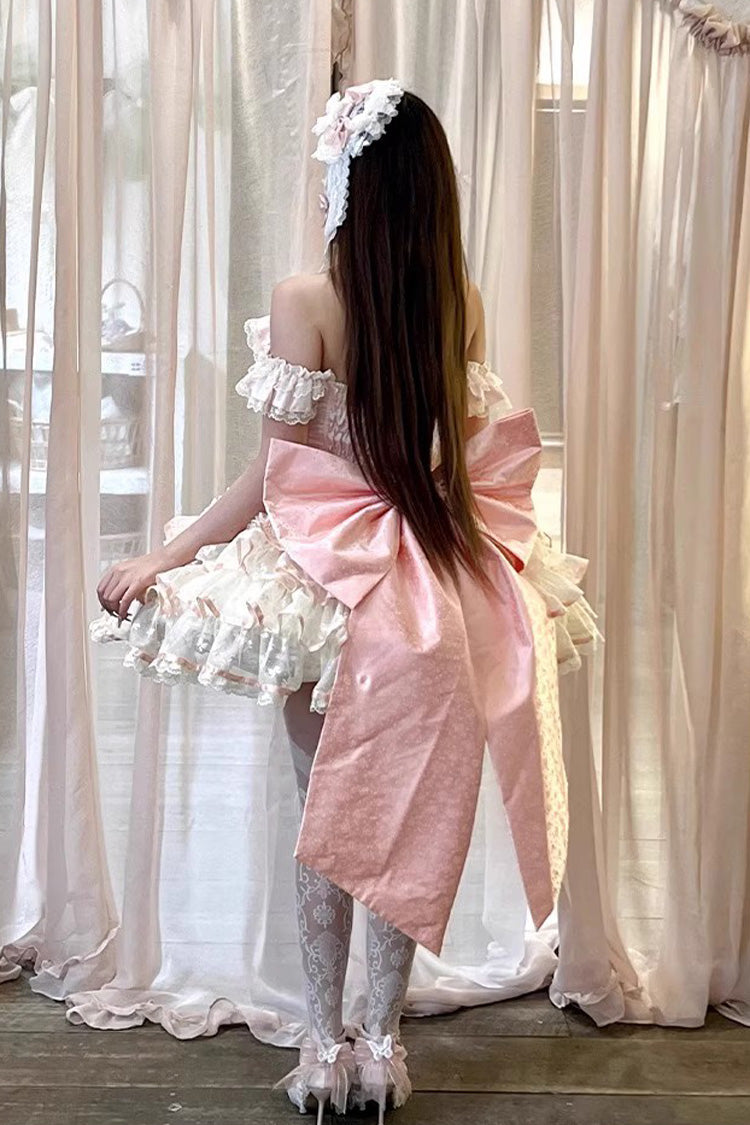 Pink Flower Language of Eros Halterneck Multi-Layered Ruffle Bowknot Rose Lace Lace-Up Sweet Ballet Lolita Jsk Dress