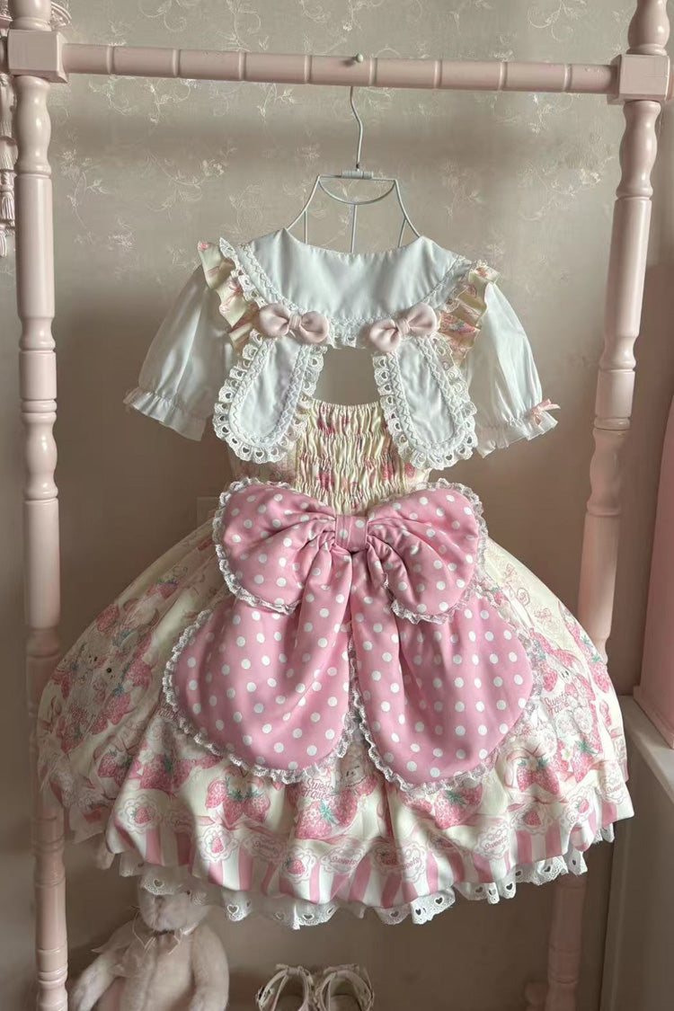 Cream Rabbit Strawberry Print Sleeveless Bowknot Sweet Lolita Jsk Dress 2 Colors