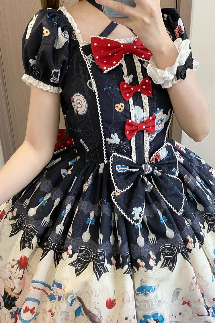 Black Mystery Rabbit Tea Party Sleeveless Print Ruffle Bowknot Lace Sweet Lolita Jsk Dress
