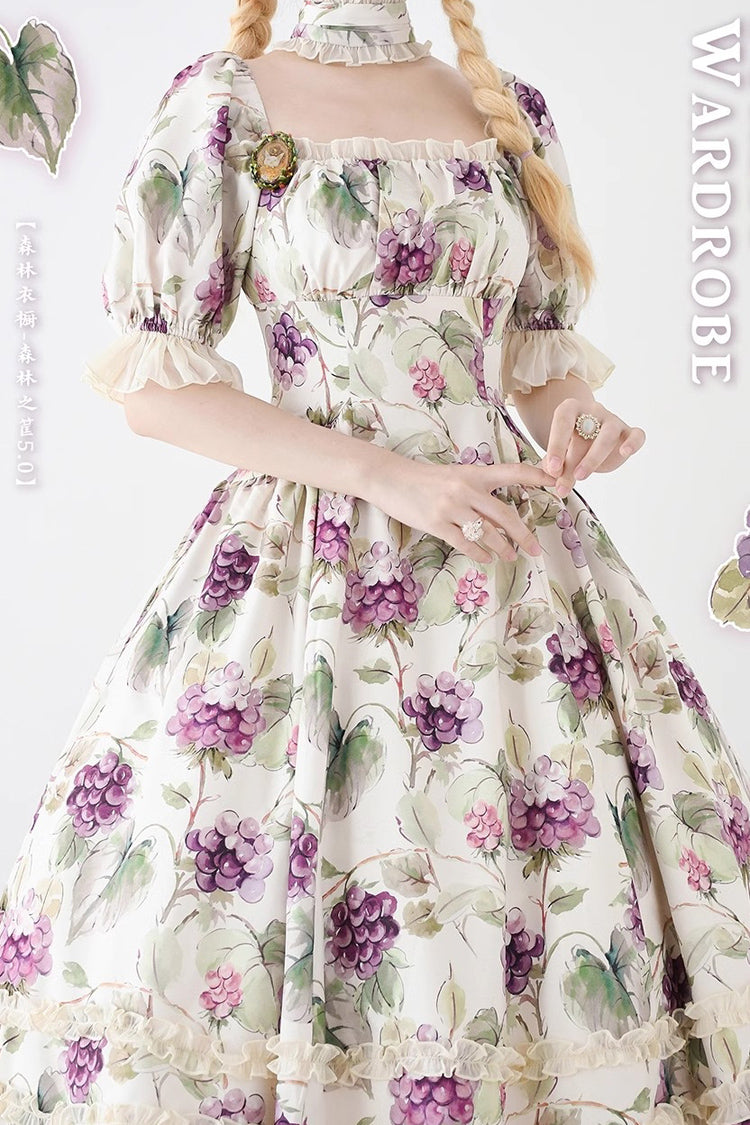 Forest Basket Print Short Sleeves Ruffle Lace Sweet Elegant Lolita Dress 6 Colors