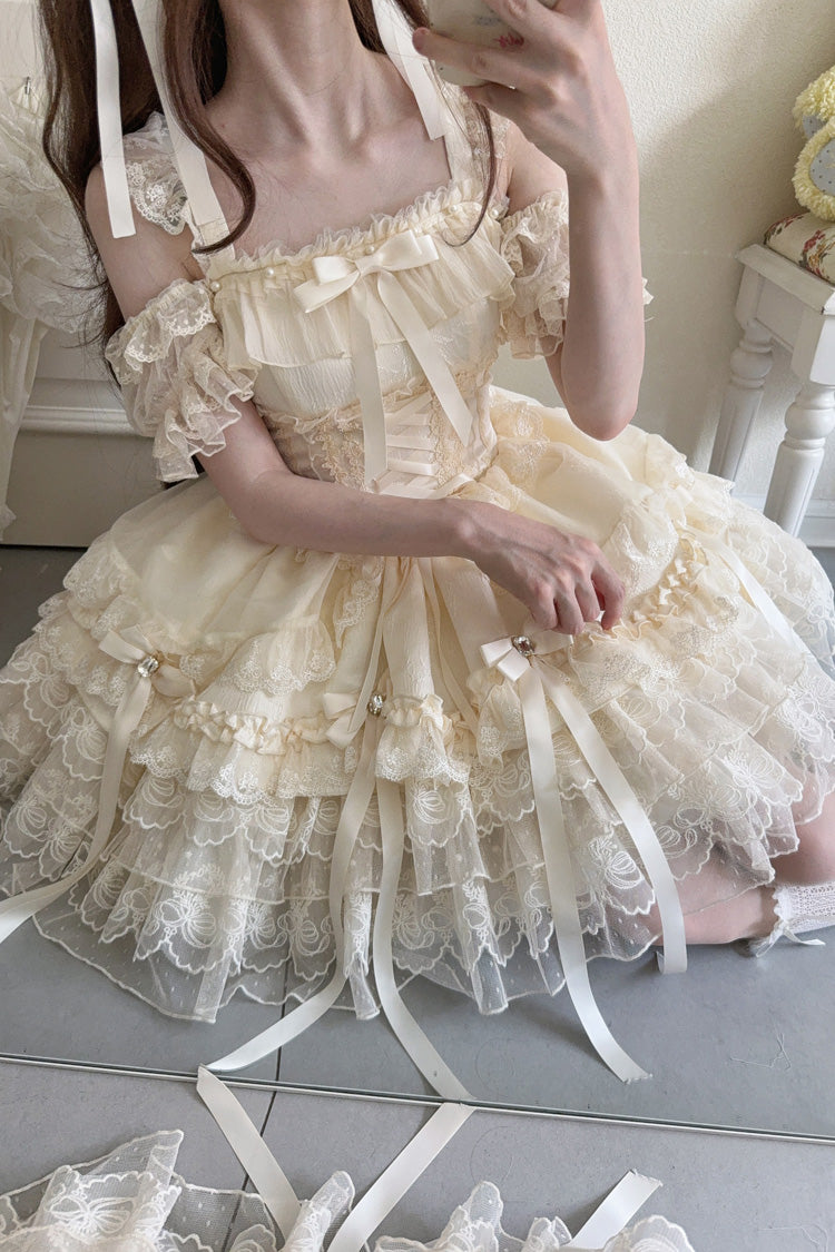 Apricot Ribbon Heart Love Sleeveless Multi-Layered Ruffle Bowknot Lace Lace-Up Sweet Princess Ballet Lolita Jsk Dress