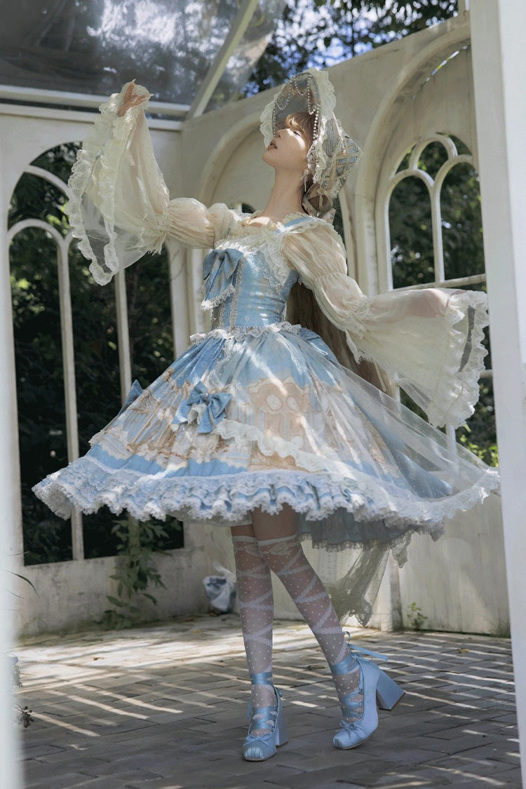 Blue Unicorn Print Sleeveless Multi-Layered Embroidery Bowknot Lace Sweet Lolita Jsk Dress