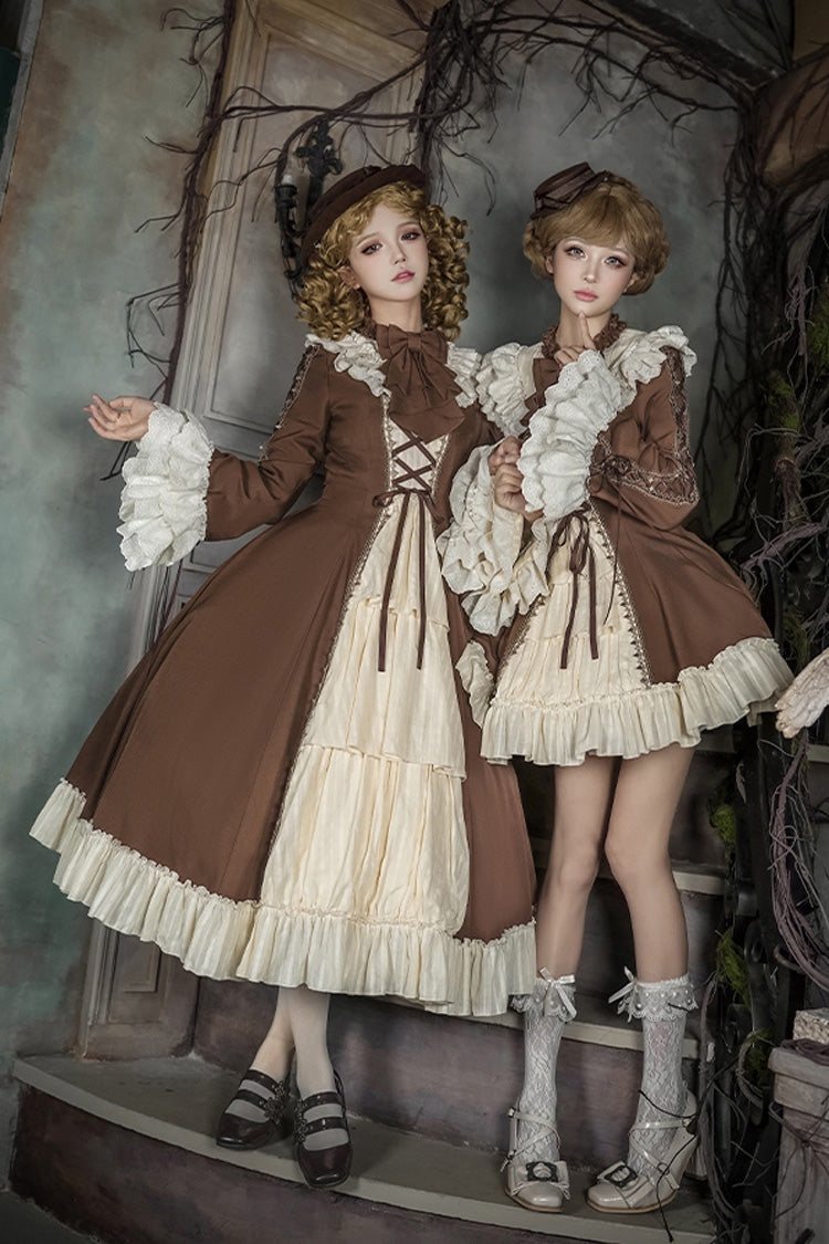 Brown/Beige Nutcracker Stand Collar Long Trumpet Sleeves Ruffle Cardigan Bowknot Lace-Up Sweet Lolita Dress Set 2 Versions