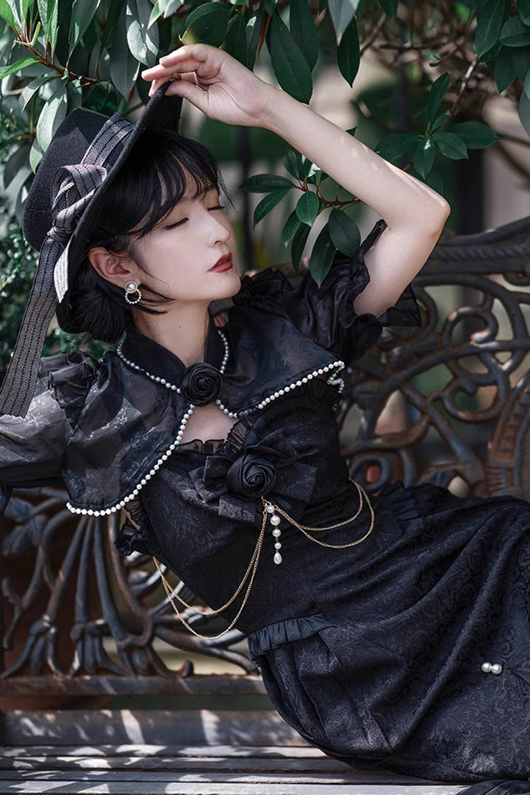 Black Camellia 1.0 Sleeveless Jacquard Ruffle Lace Gothic Chinese Style Lolita Jsk Fishtail Dress
