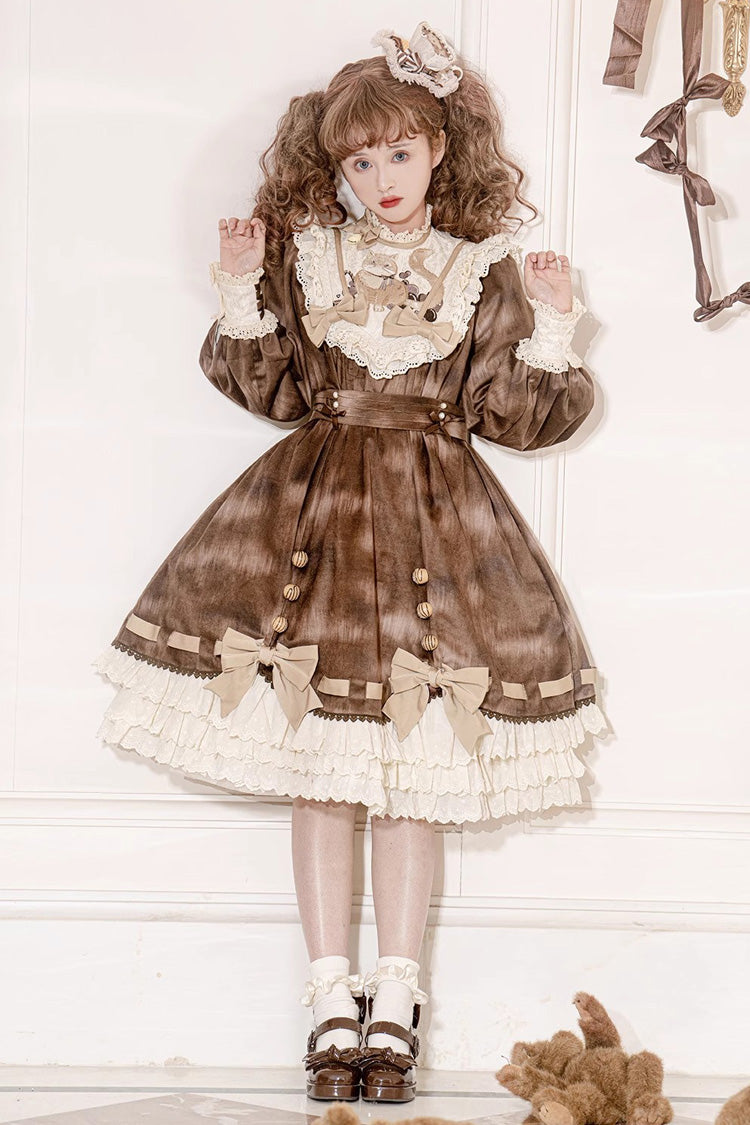 Brown Chocolate Cat Print Long Sleeves Ruffle Bowknot Sweet Lolita Dress