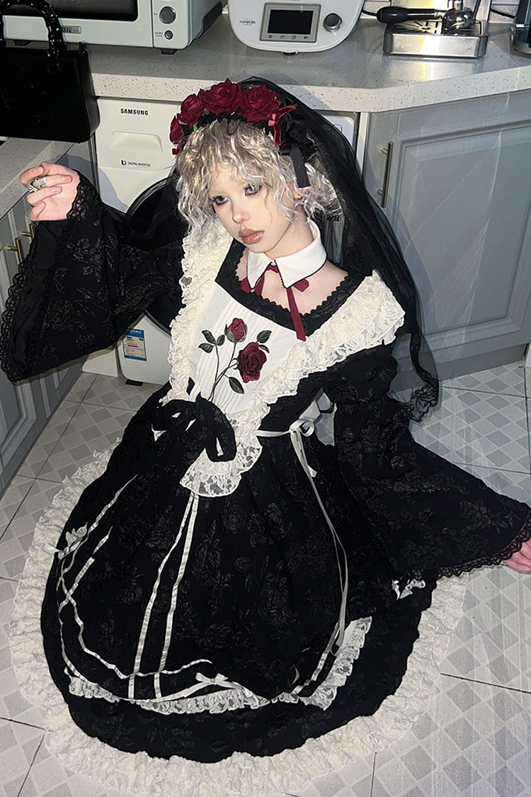 Black Rose Choir Double-Layered Ruffle Embroidery Bowknot Lace Gothic Elegant Nun Lolita Dress
