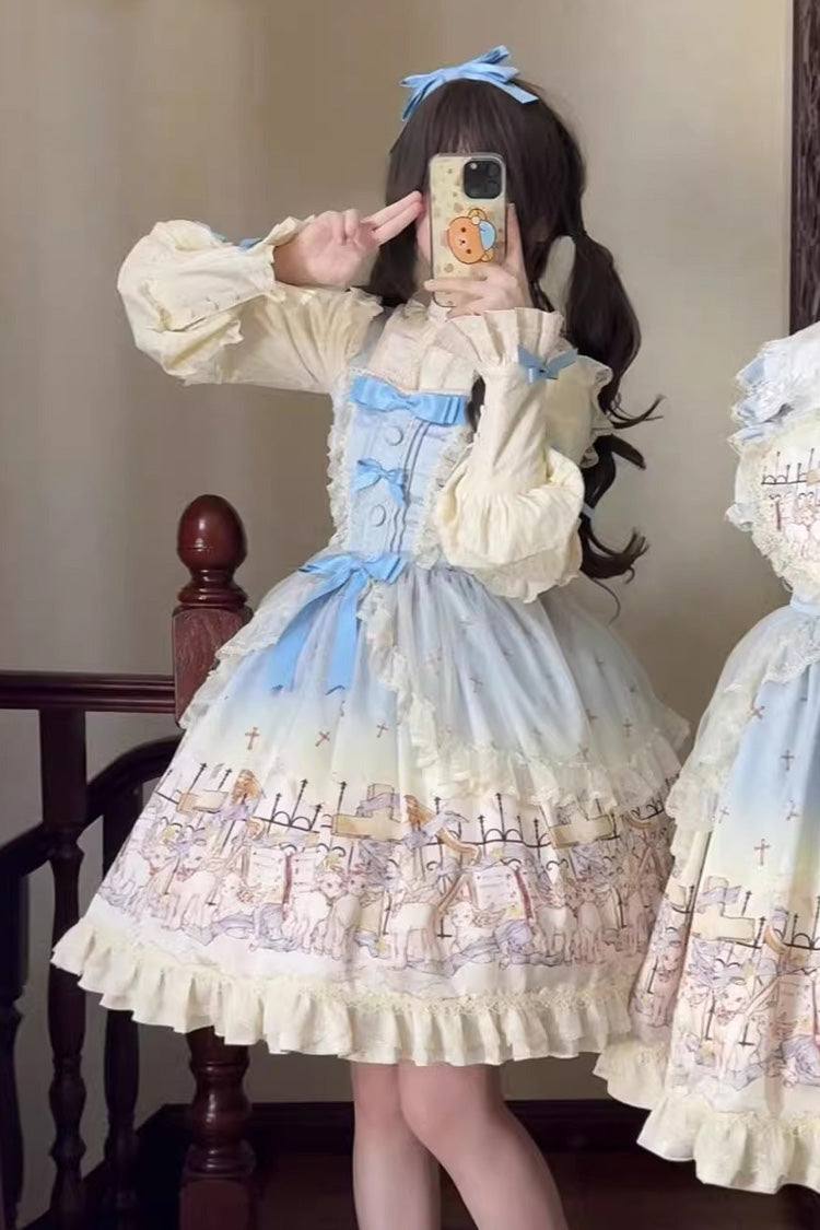 Angel Lamb Sleeveless Printed Ruffled Bow Sweet Lolita Jsk Dress 3 Colors