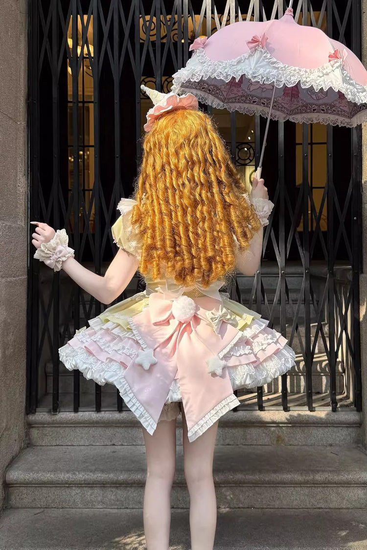 Yellow/Pink Sweet Bunny Chef Short Sleeves Multi-Layered Ruffle Bowknot Sweet Lolita Dress