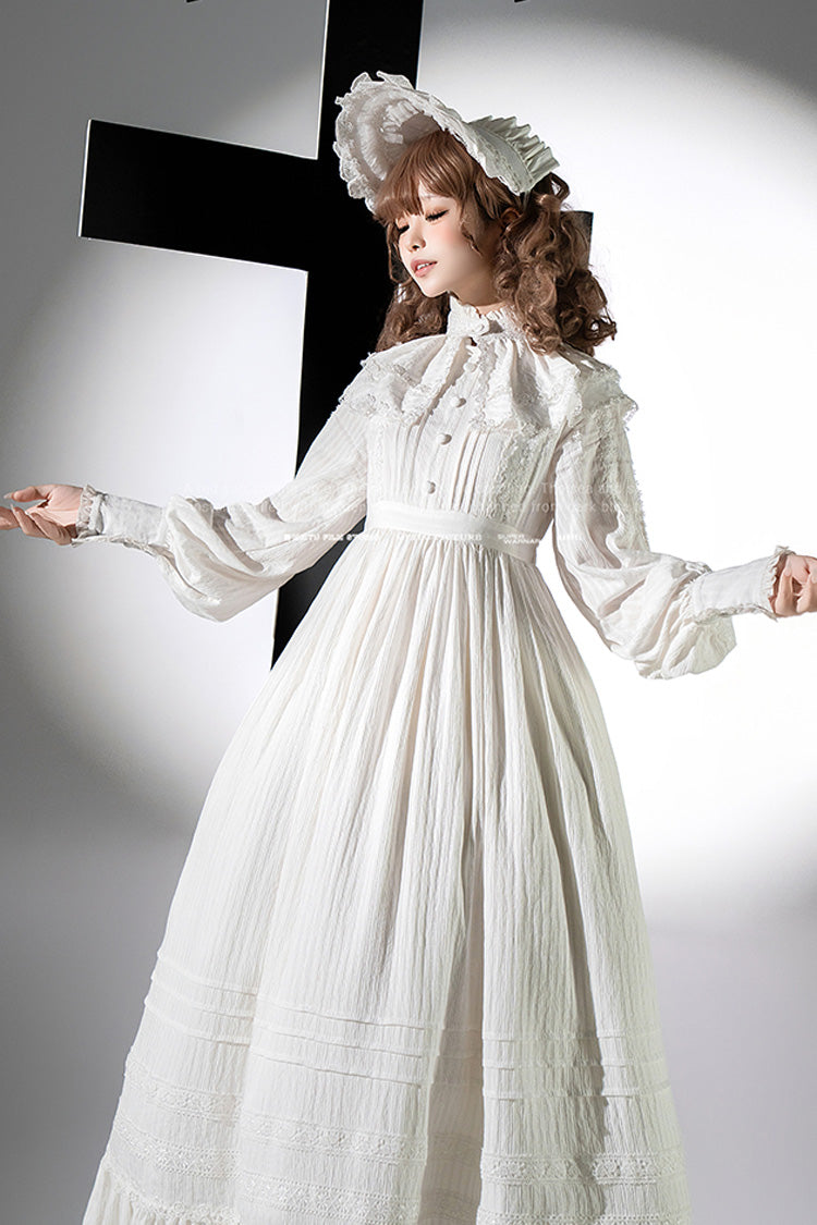 White Quiet Place Long Sleeves Jacquard Ruffle Embroidery Bowknot Gothic Lolita Dress