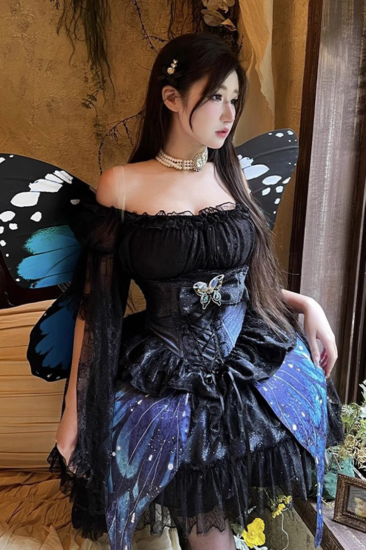Black Sparkling Butterfly Print Bowknot Sweet Lolita Skirt