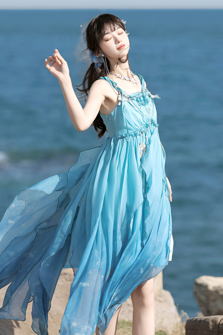 Blue Ocean Sprite Gradient Print Irregular Hooded Sweet Lolita Jsk Dress Cloak Set