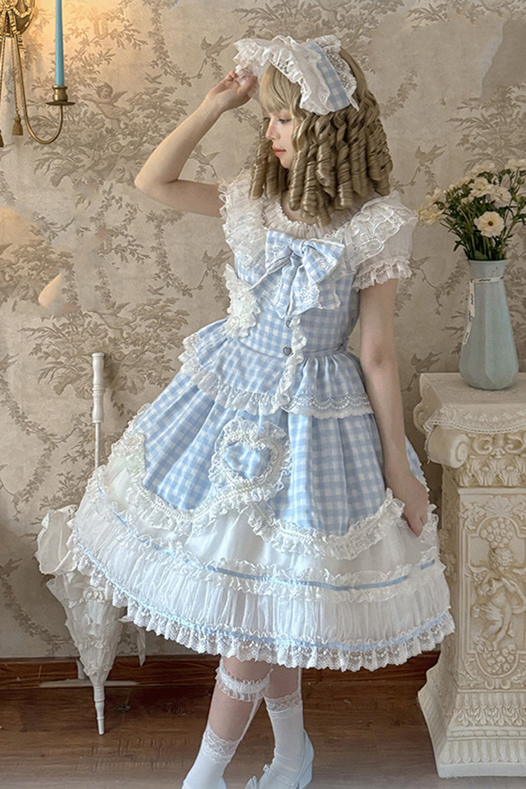 Blue Tea Break Sweetheart Short Sleeves Multi-Layered Plaid Print Ruffle Sweet Lolita Dress