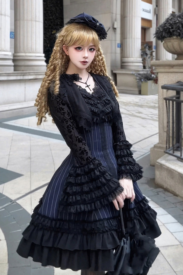Escape Double-Layered Jacquard Striped Printed Ruffled Slim Gothic Lolita Jumper Dress 3 Colors